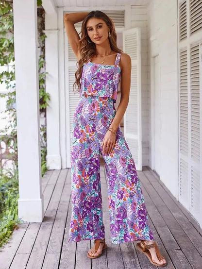 Cheky - Elegant Long Jumpsuit Women Sexy Backless Wide Leg Jumpsuits Casual Sleeveless Floral Rompers Summer Clothes For Woman 2024 New