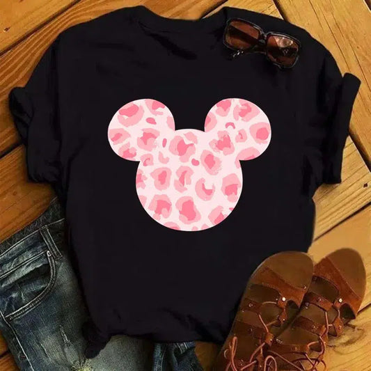 Cheky - Disney T Shirt Women Flower Minnie Mouse Clothes Leopard Print Kawaii T-Shirt Summer Tops Harajuku Black Women Tees