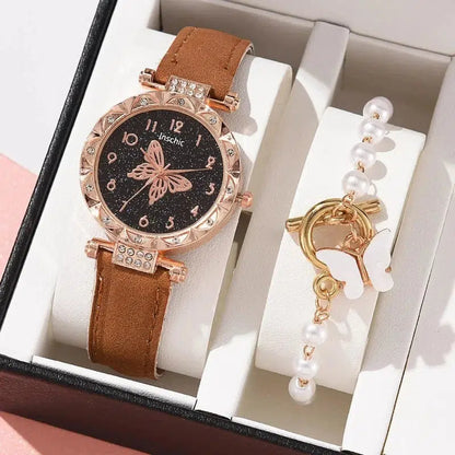 Cheky - Female New Luxury Ladies Watch Bracelet Set Quartz Wristwatch 2 PCS Set Women Watch Clock Gift Leather Strap Reloj Mujer