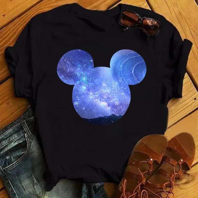 Cheky - Disney T Shirt Women Flower Minnie Mouse Clothes Leopard Print Kawaii T-Shirt Summer Tops Harajuku Black Women Tees