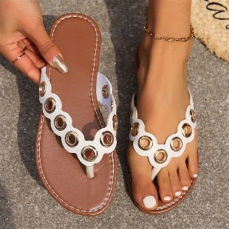 Cheky - New Metal Hollow Circle Design Thong Sandals Summer Flat Flip Flops Slides Casual Vacation Beach Slippers