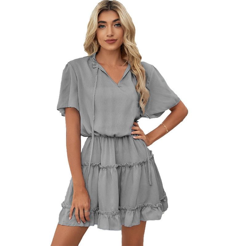 Cheky - Short Sleeve Dress Women's Ruffled V-neck