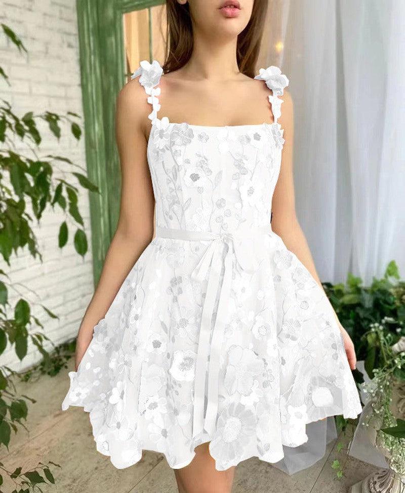 Cheky - Three-dimensional Flower Embroidery Dress Summer Fashion Sweet A-line Suspender Dresses For Womens Clothing