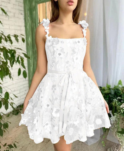 Cheky - Three-dimensional Flower Embroidery Dress Summer Fashion Sweet A-line Suspender Dresses For Womens Clothing