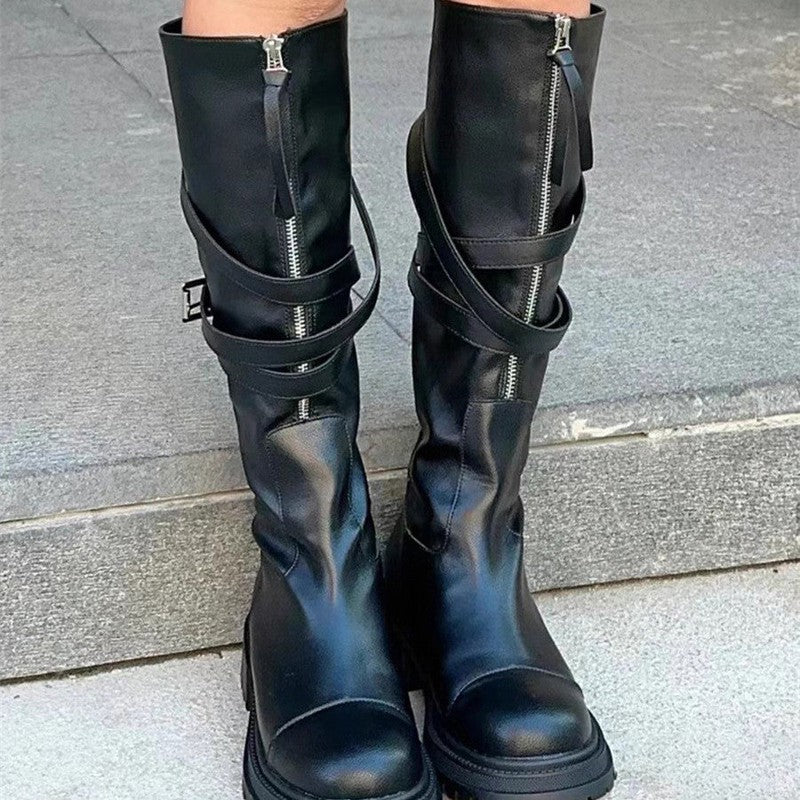 Cheky - Women's Fashion All-match Below The Knee Belt Buckle Platform Boots