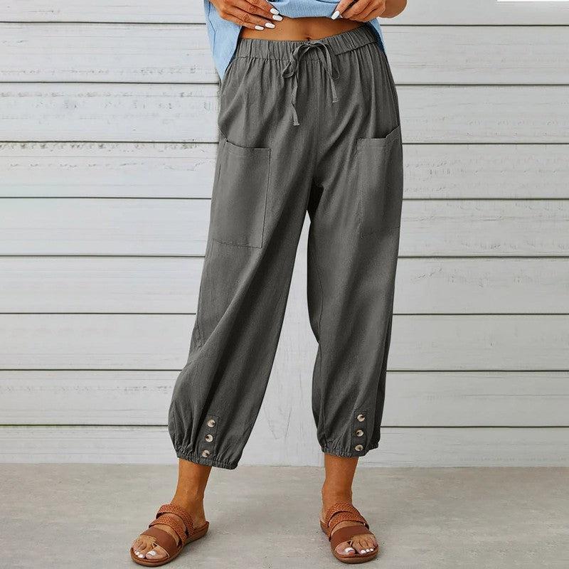 Cheky - Women Drawstring Tie Pants Spring Summer Cotton And Linen Trousers With Pockets Button