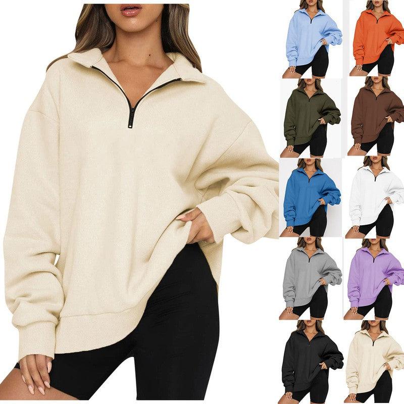 Cheky - Women Sweatshirts Zip Turndown Collar Loose Casual Tops Clothes