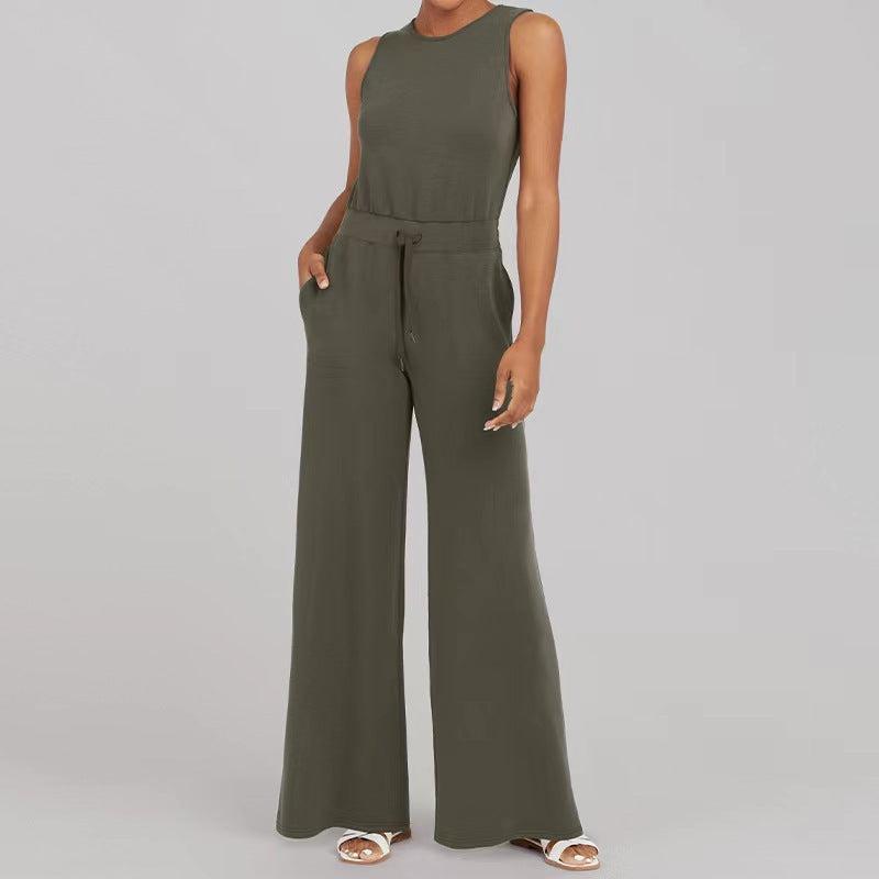 Cheky - Solid Color Jumpsuit Sleeveless Tops Tie Elastic Pants Romper