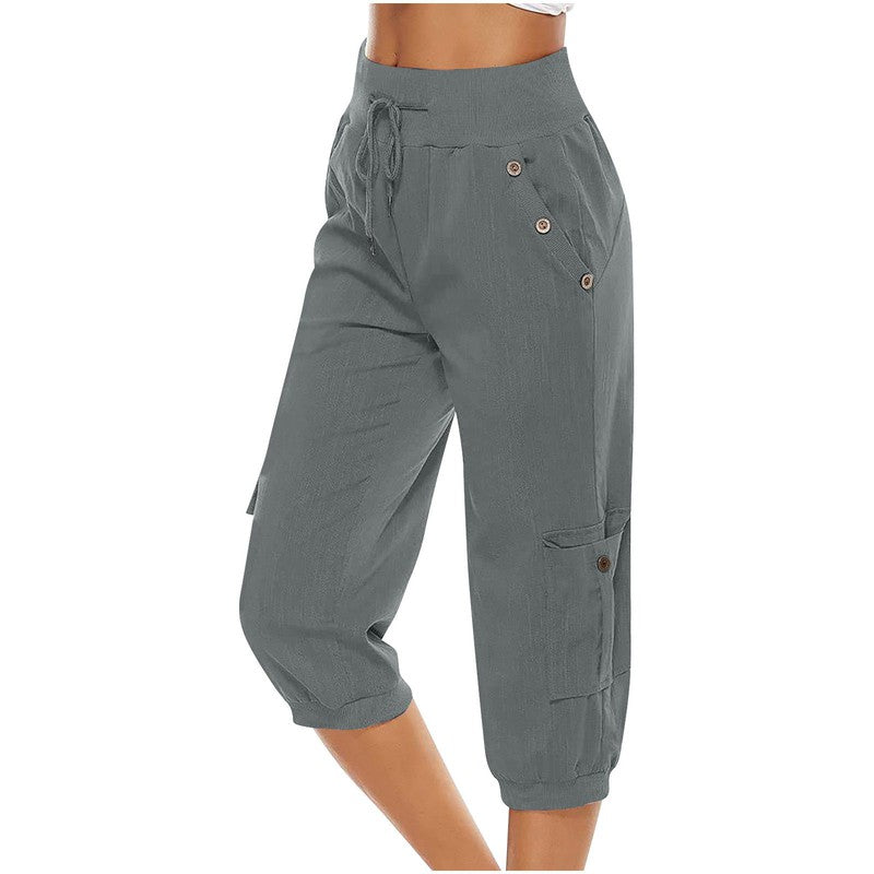 Cheky - Women's Cropped Pants Cotton Linen Cargo Pocket Casual Pants