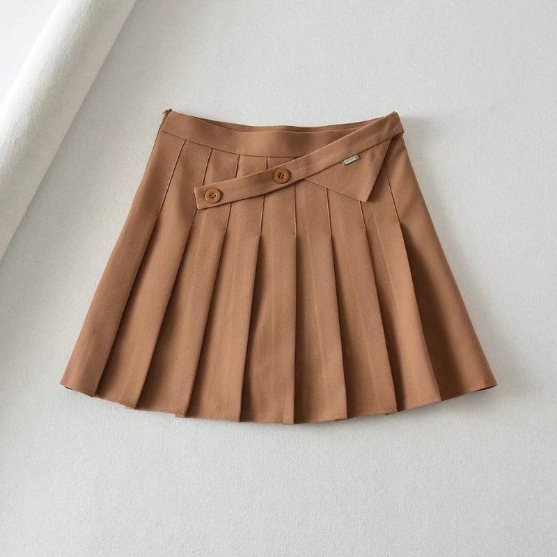 Cheky - New Summer Oblique Button High Waist Pleated Skirt