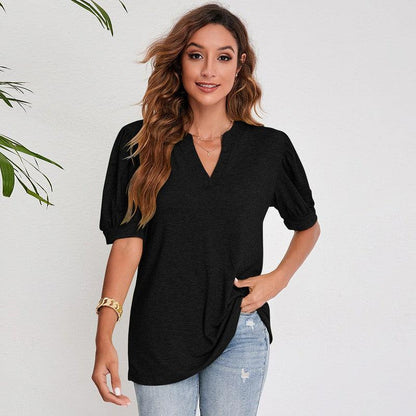 Cheky - Women's Pleated Puff Sleeve Tops Summer V Neck T Shirts Casual Loose Blouses