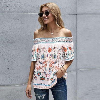 Cheky - Women's Printed T-shirt Loose Off Shoulder Top