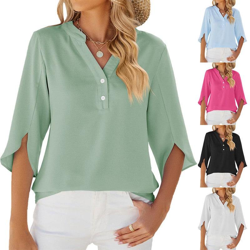 Cheky - Button V-neck Mid-sleeve Chiffon Shirt Solid Color Top Womens Clothing