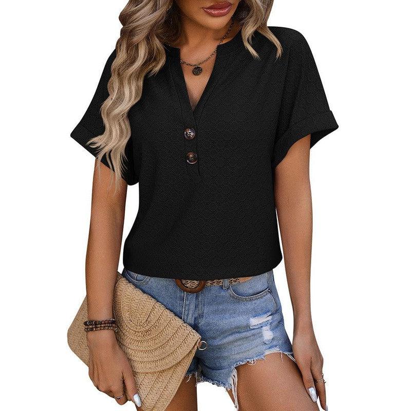 Cheky - New Hollow Circle Design T-shirt V-neck Button Solid Color Short-sleeved T-shirt Tops For Womens Clothing