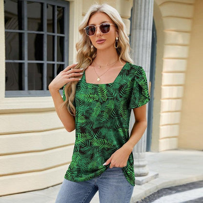 Cheky - Summer Top Fashion Square Neck Printed Short-sleeved T-shirt With Petal Sleeve Design Bohemian Beach Loose T-shirt For Womens Clothing