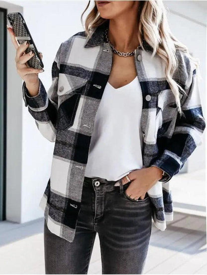 Cheky - Autumn And Winter Long-Sleeved Plaid Shirt Jacket Women