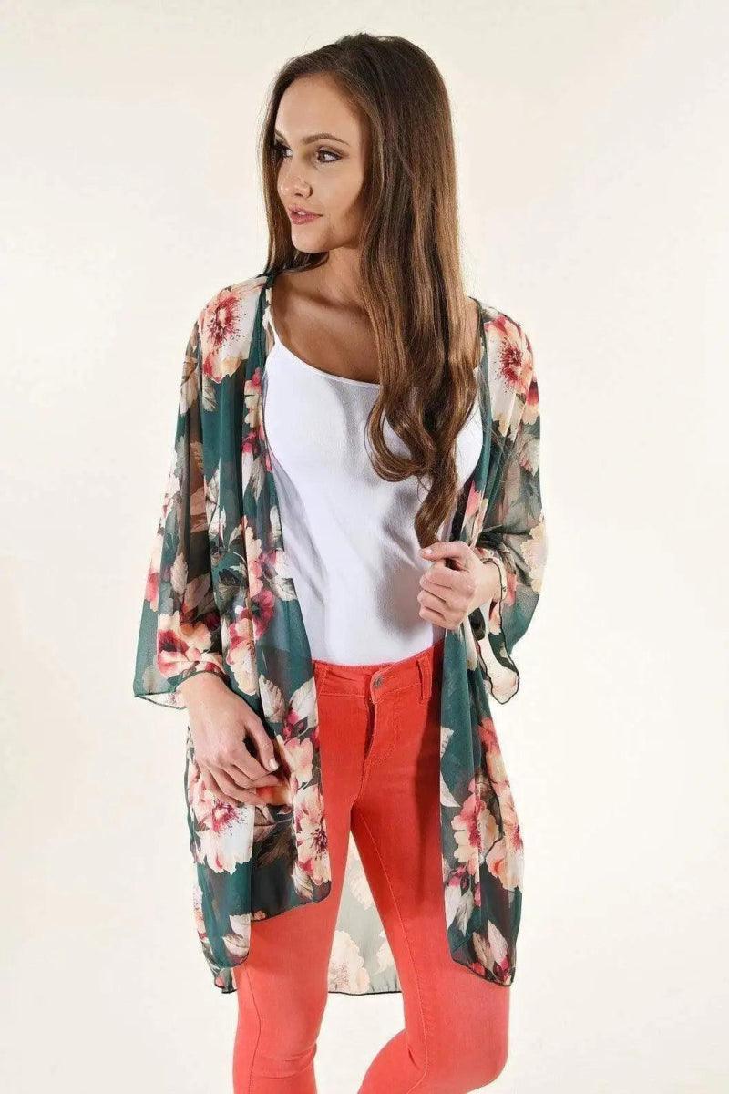 Cheky - Chiffon Printed Cardigan Sunscreen Long Kimono Bikini Blouse