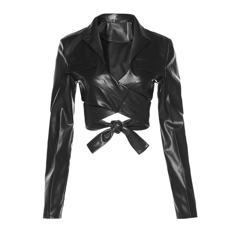 Cheky - Cross StrapsWaist And ChestLong-sleeved Pu Leather Short Jacket Women