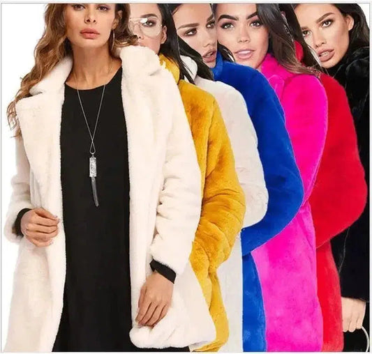 Cheky - Faux Fur Coat Women Long Sleeve Warm Thick Wave Jackets Plus