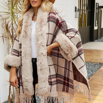 Cheky - Fringe Cardigan Plaid Shawl Sweater Women's Dress