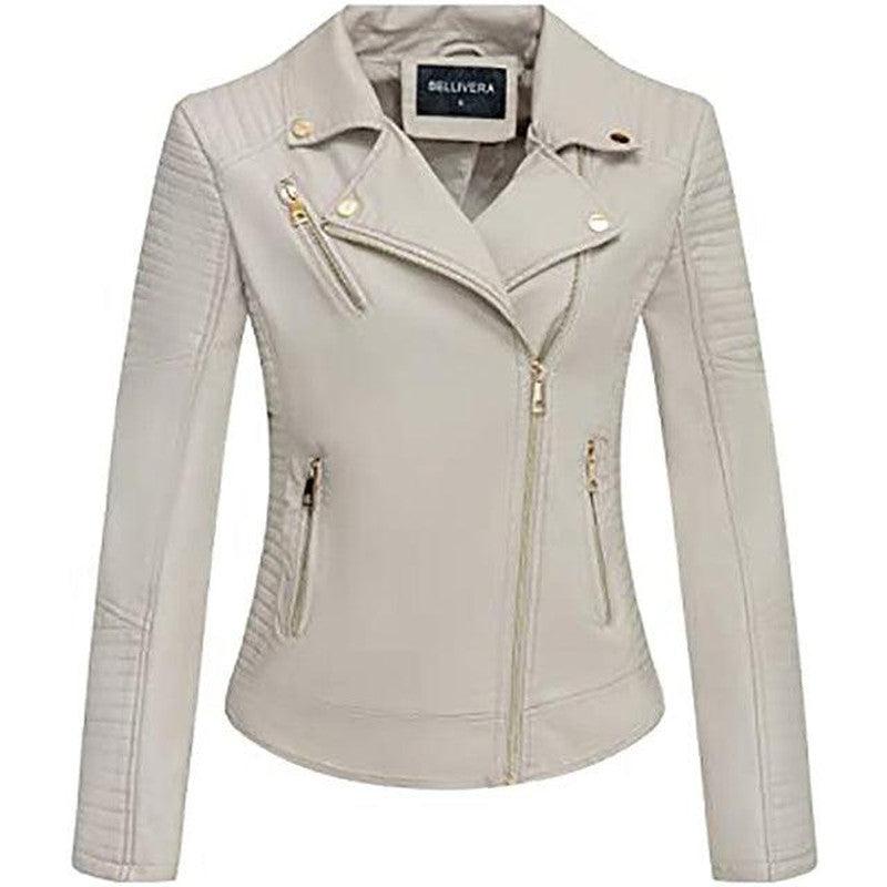 Cheky - Giolshon Autumn Flowers Embroidery PU Leather Jacket Women