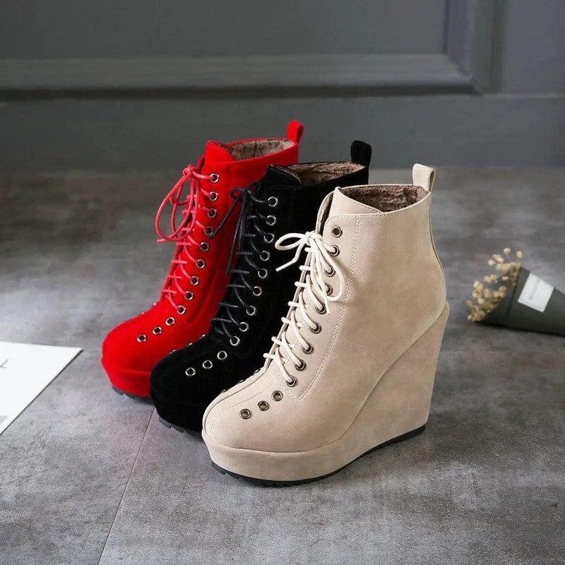 Cheky - High-heeled Sponge Cake Was Thin Suede Lace-up Martin Boots Women