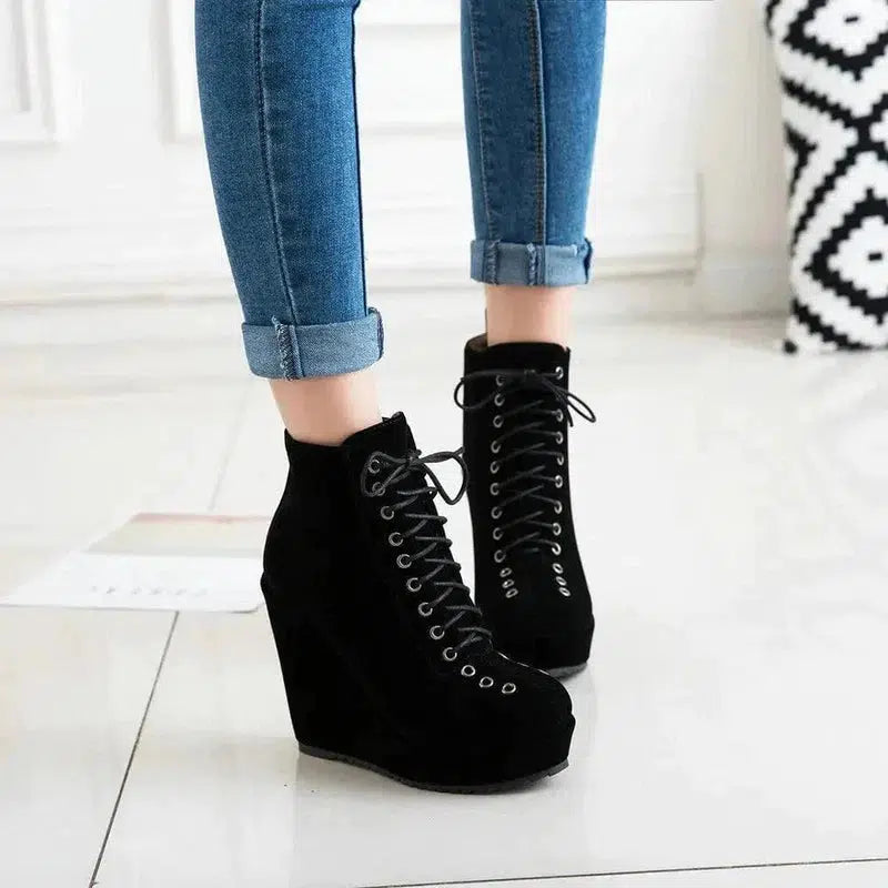 Cheky - High-heeled Sponge Cake Was Thin Suede Lace-up Martin Boots Women