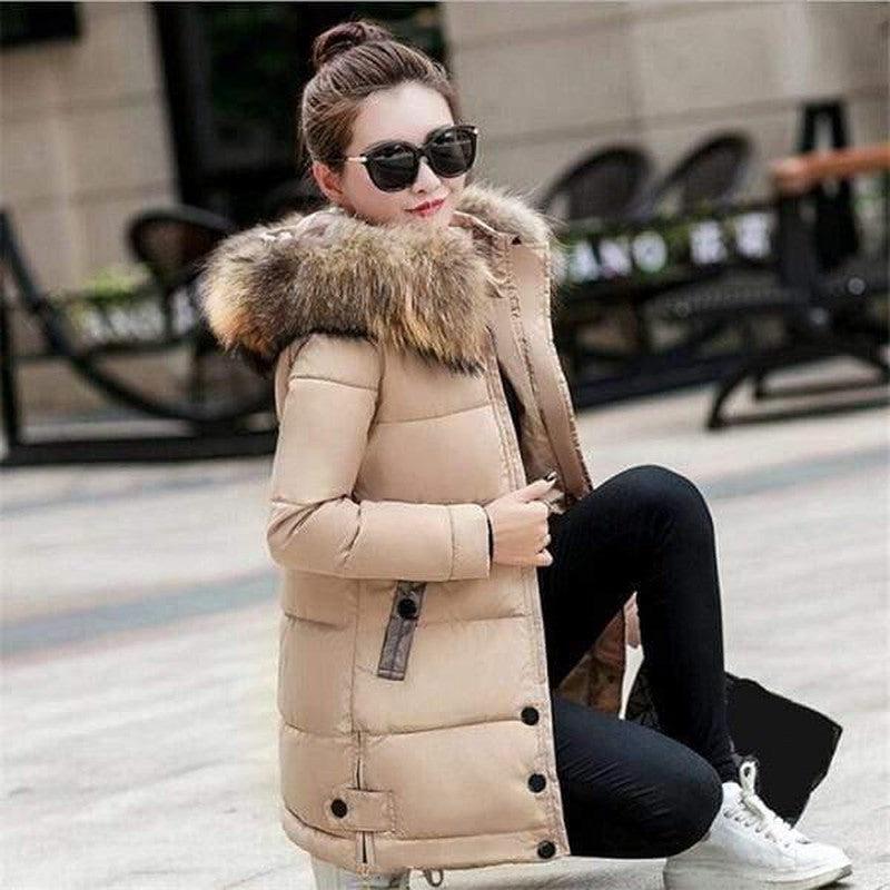 Cheky - Hooded large fur collar cotton coat