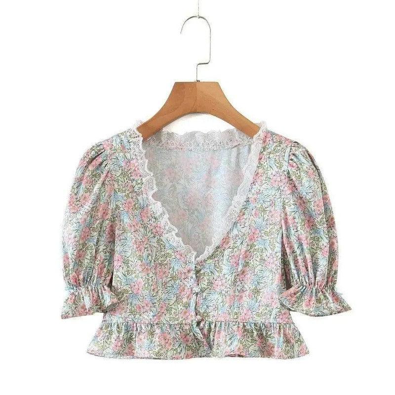 Cheky - Lace Print Small Shirt Blouse European And American Women's