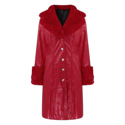 Cheky - Lapel Long Coat Fur Collar Temperament Zipper Women PU Jacket