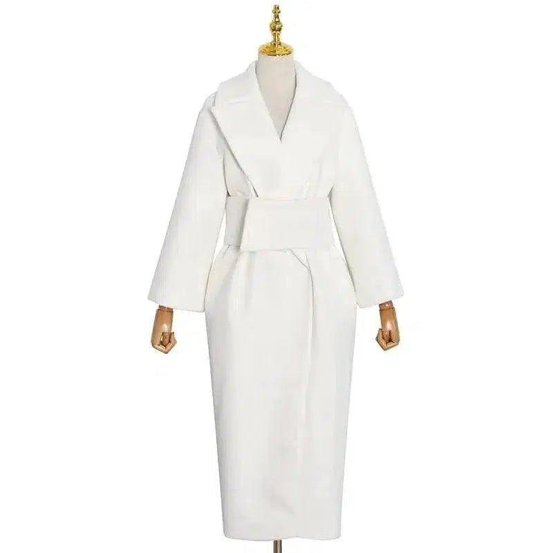 Cheky - Lapel Waist White Mid-length Woolen Coat