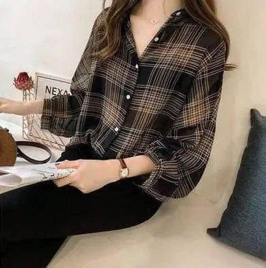 Cheky - Loose Plaid Shirt Women's Long-sleeved Hong Kong Style