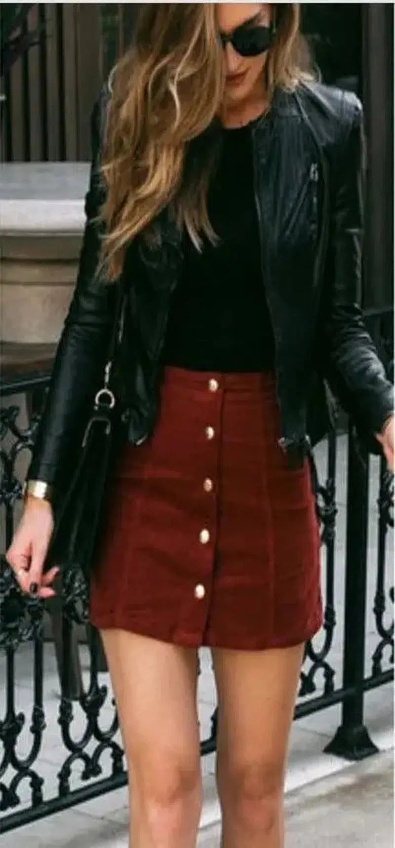 Cheky - Suede Button-Front Skirt in Brown and Claret