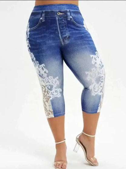 Cheky - Imitation Denim Lace Stitching Print Leggings Woman