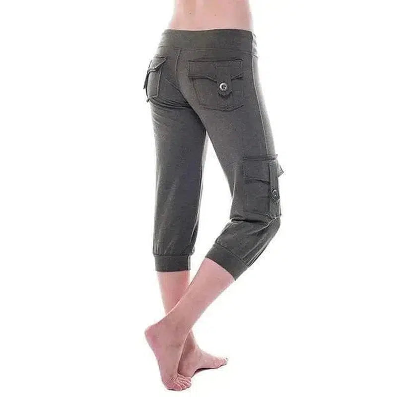 Cheky - Yoga cropped pants with elastic waist button pockets