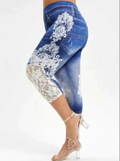 Cheky - Imitation Denim Lace Stitching Print Leggings Woman