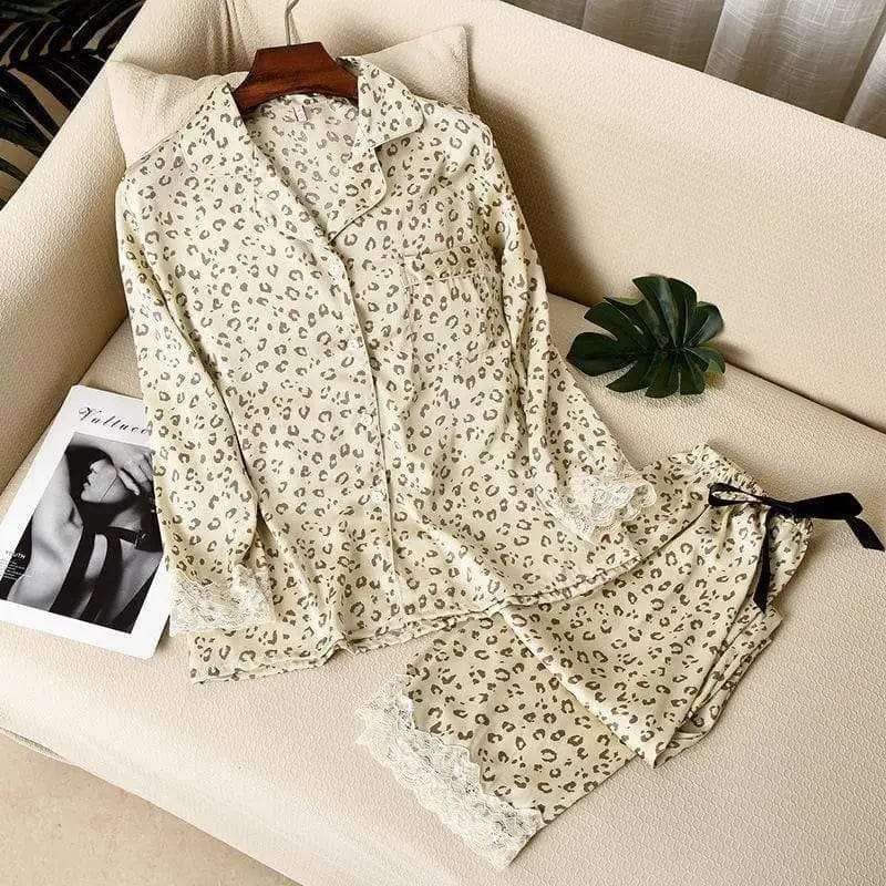 Cheky - Long Sleeve Pajamas Thin Silk Ice Silk Two-piece Suit