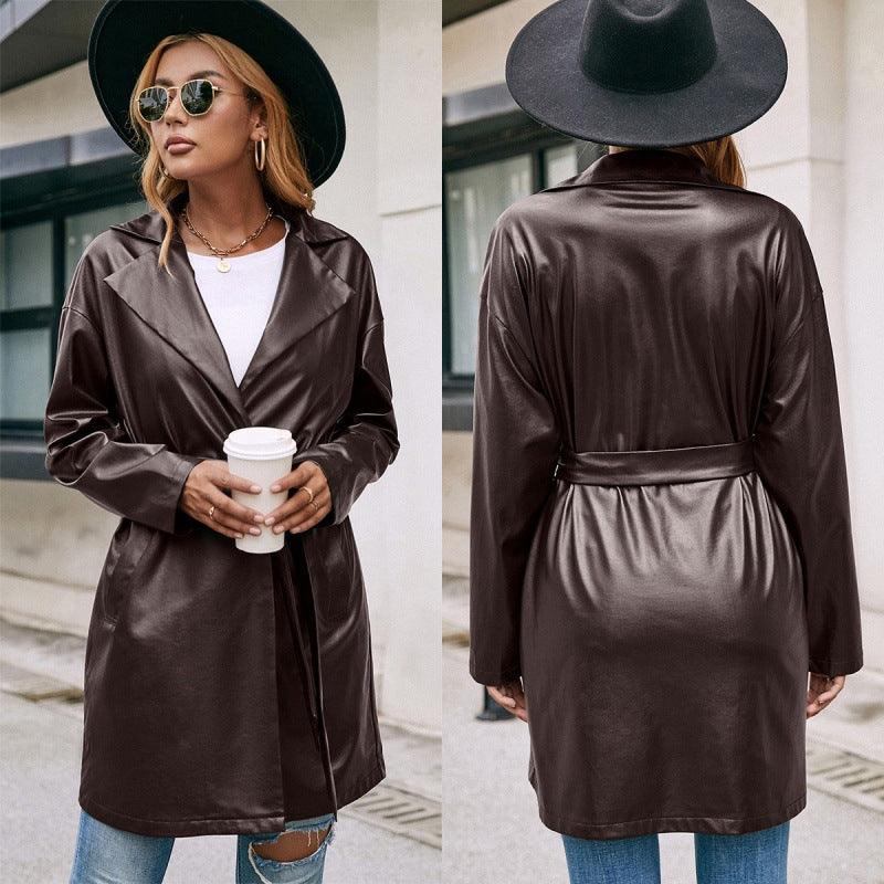 Cheky - Mid-length Leather Western-lace Slim Long-sleeved Trench Coat