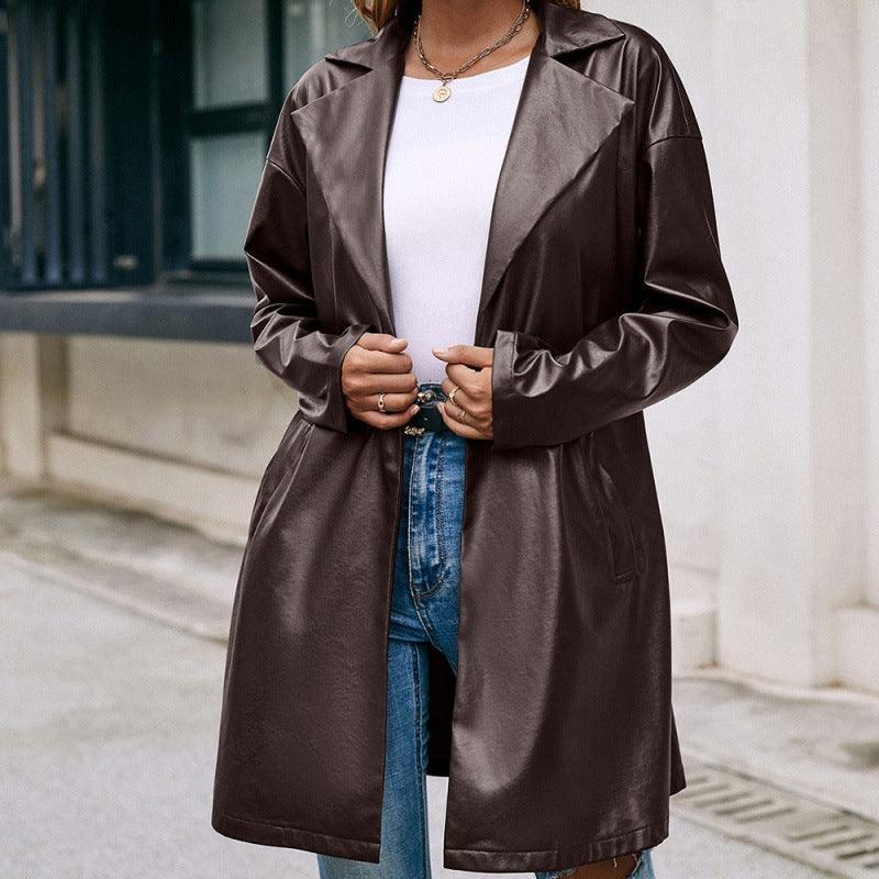 Cheky - Mid-length Leather Western-lace Slim Long-sleeved Trench Coat