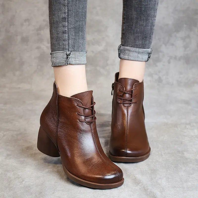 Cheky - New Retro Leather Comfortable Thick Heel Women Boots High Heel Martin Boots Leather Boots Short Boots Women