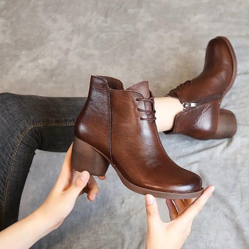 Cheky - New Retro Leather Comfortable Thick Heel Women Boots High Heel Martin Boots Leather Boots Short Boots Women