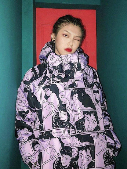 Cheky - Portrait comic print coat hooded cotton jacket