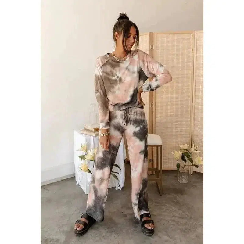 Cheky - Tie-Dye Printed Round Neck Long-Sleeved Casual Suit