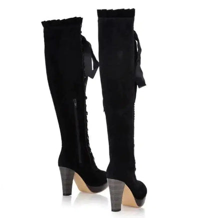 Cheky - Velvet Strappy High Heels Tall Boots For Women