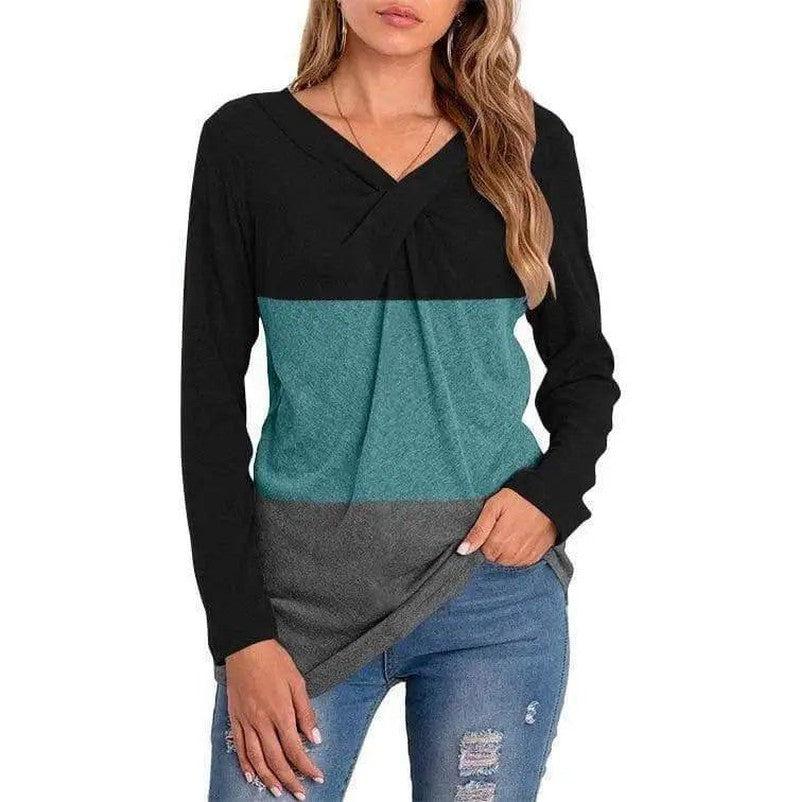 Cheky - Women's New V-neck Long-sleeved Stitching T-shirt Top