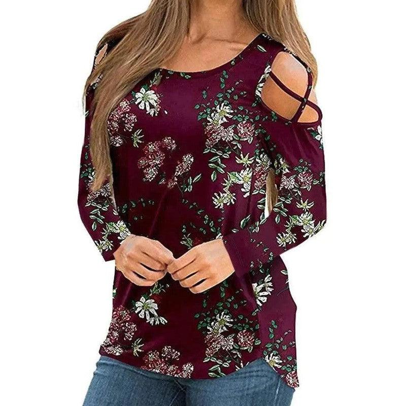 Cheky - Women's Printed Long Sleeve Off Shoulder T-Shirt Women's Top