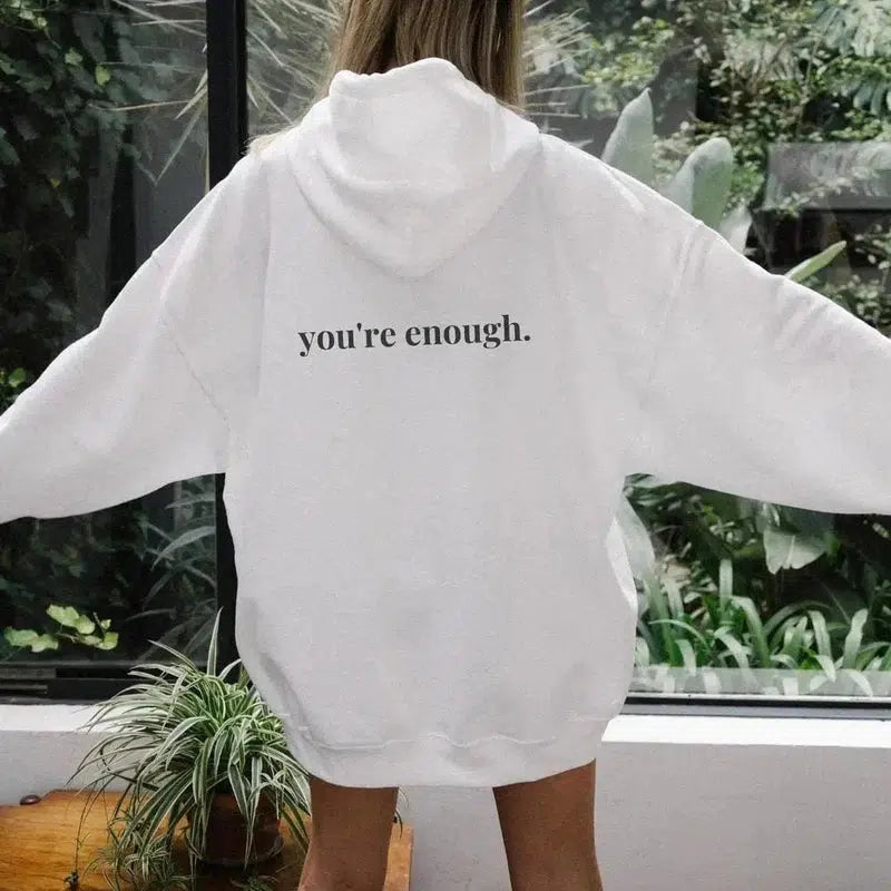 Cheky - You're Enough Printed Back Casual Hooded Pocket Sweater